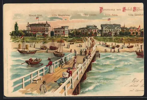 Lithographie Ahlbeck / Seebad, Strand-Hotel, Villa Magdalena und Villa Carola