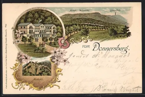 Lithographie Donnersberg, Villa Donnersberg, Moltkefels, Ludwigs-Thurm