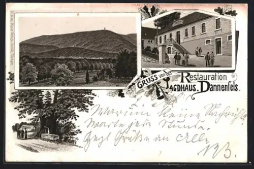 Vorläufer-Lithographie Dannenfels, 1895, Restaurant Jagdhaus, Berglandschaft