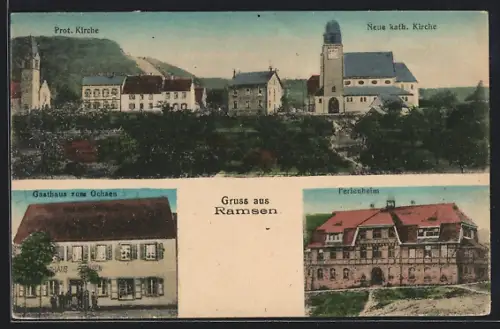 AK Ramsen, Gasthaus zum Ochsen, Ferienheim, Neue kath. Kirche, Prot. Kirche