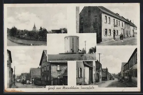 AK Morschheim / Saarpfalz, Gasthaus und Metzgerei Fr. Muskopf, Strassenpartie, Wasserturm