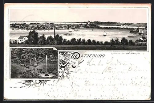 Lithographie Ratzeburg, Partie mit Springbrunnen, Panoramablick auf den Ort