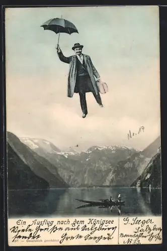 AK Königssee / Berchtesgaden, Fliegender Mann beim Ausflug über dem Königsee