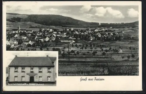 AK Freisen, Gasthaus v. Josef Schad, Ortspanorama