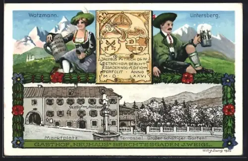 Künstler-AK Willy Lang: Berchtesgaden, Gasthof Neuhaus am Marktplatz, Watzmann und Untersberg