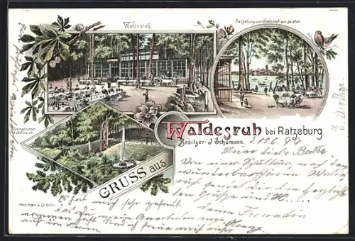 Lithographie Ratzeburg, Gasthaus Waldesruh, Gartenlokal