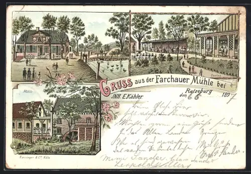 Lithographie Ratzeburg, Gasthof Farchauer Mühle, Inh. E. Kähler