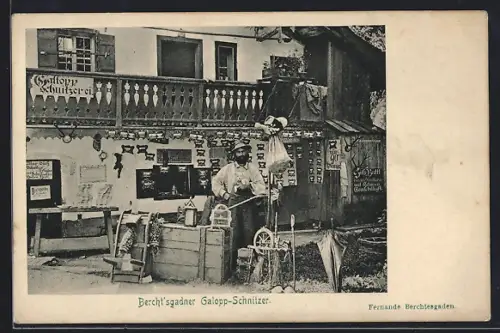 AK Berchtesgaden, Galopp-Schnitzer in seiner Werkstatt
