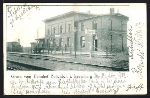 AK Hollenbek i. Lauenburg, Bahnhof mit Bahnsteig und Eisenbahn