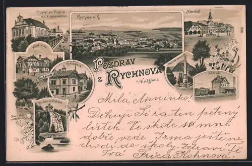 Lithographie Rychnov n. Kneznou, Celkovy Pohled, Kostel sv. Trojice a.c.k. gymnasium, Restaurace, Nova Villa