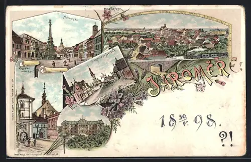 Lithographie Josefstadt / Josefov / Jaromer, Namesti, Prumysl skola, U kostela sv. Jakuba