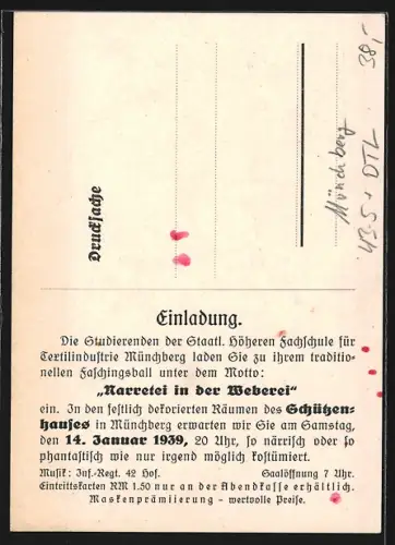 AK Münchberg, Narretei in der Weberei im Schützenhaus 1939, Fasching