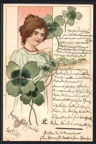 Lithographie Dame umgeben von Kleeblättern, Jugendstil