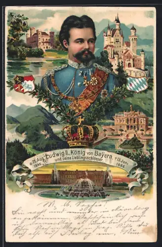 AK Portrait von Ludwig II. von Bayern und seine Lieblingsschlösser