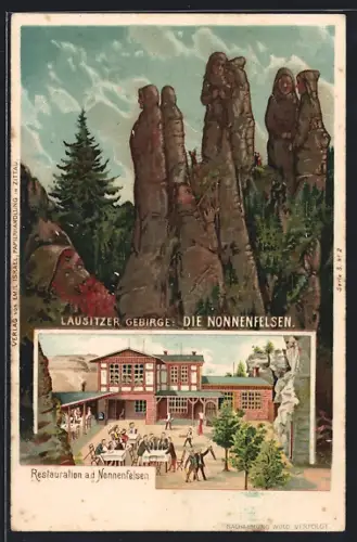 Lithographie Die Nonnenfelsen, vermenschlichte Berge, Restauration a.d. Nonnenfelsen, Berggesichter