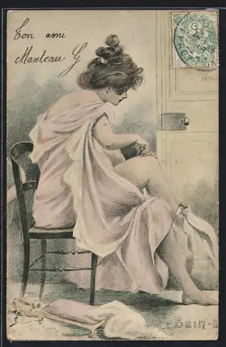 Künstler-AK Henri Boutet: Leicht bekleidete Dame vor dem Bad