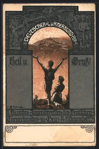 AK Graz, I. Bundes-Jugendtreffen des Deutschen Turnerbundes 1923, Mädchen kniet nieder & Junge erhebt die Arme