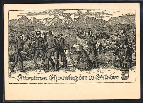 Künstler-AK Kärntens Ehrentag der 10 Oktober, Mobilmachung der Landbevölkerung