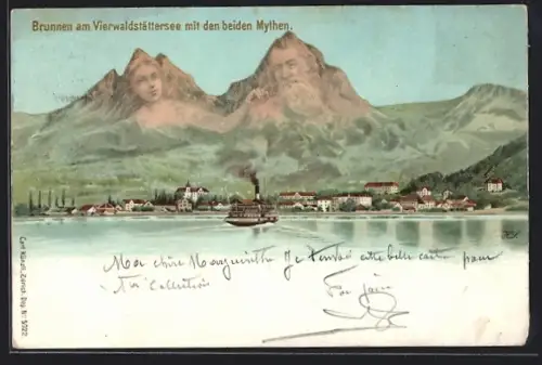 Lithographie Künzli Nr. 5022, Brunnen, Blick vom Vierwaldstättersee auf die Mythen, Berg mit Gesicht, Berggesichter
