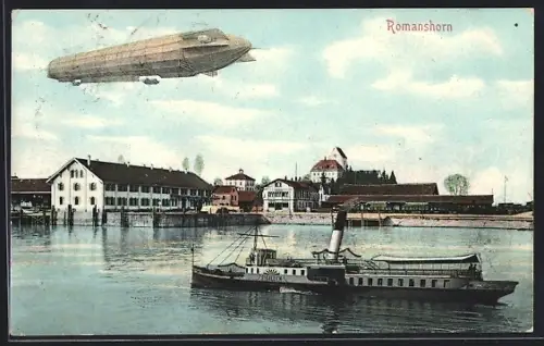 AK Romanshorn, Zeppelin und Dampfer St. Gallen