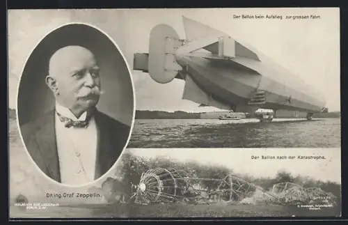 AK Echterdingen, Der Ballon beim Aufstieg zur grossen Fahrt und nach der Katastrophe, Dr. Ing. Graf Zeppelin