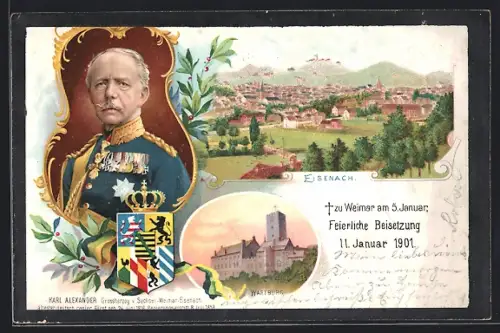 Lithographie Eisenach, Karl Alexander, Grossherzog v. Sachsen-Weimar-Eisenach, Ortsansicht