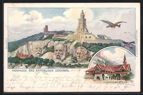 Lithographie Schwenke Serie 8 Nr. 4: Das Kyffhäuser Denkmal mit Riesenadler, Berg mit Gesicht / Berggesichter