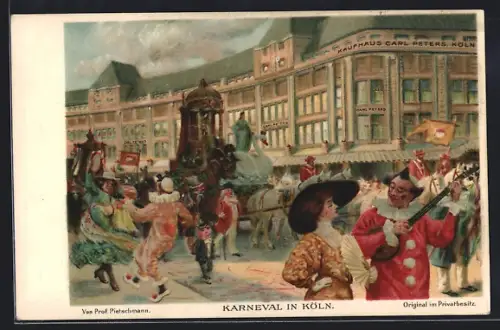 Künstler-AK Köln, Karnevalsumzug am Kaufhaus Carl Peters, Haupteingang Zeppelinstrasse