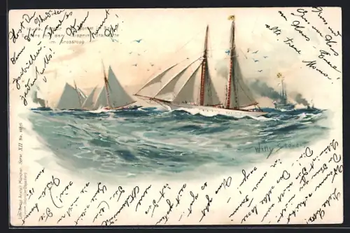 Künstler-AK Willy Stoewer: Segelyachten Iduna, Meteor und Komet in See