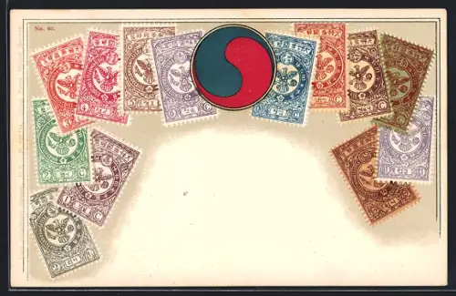 AK Briefmarken und Wappen von Korea