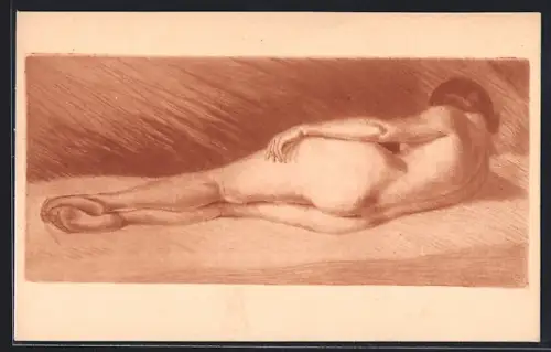 Künstler-AK Max Brüning: Liegender Akt, Nackte Schönheit präsentiert ihr wohlgeformtes Gesäss