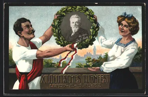 Künstler-AK Leipzig, XII. Deutsches Turnfest 12.-15.7.1913, Turner mit Portrait im Eichenkranz
