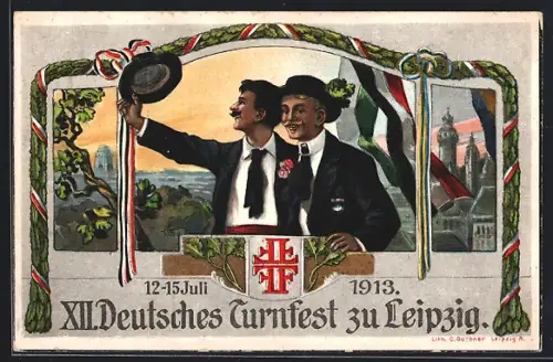 AK Leipzig, XII. Deutsches Turnfest 1913, Turnerzeichen, Turner mit Hüten, Völkerschlachtdenkmal