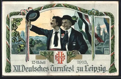 AK Leipzig, XII. Deutsches Turnfest 1913, Turnerzeichen, Turner mit Hüten, Völkerschlachtdenkmal