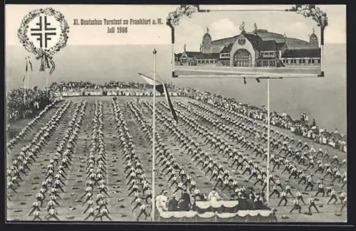 AK Frankfurt a. Main, XI. Deutsches Turnfest 1908, Sportfeld mit Athleten, Festhalle, Turnerkreuz