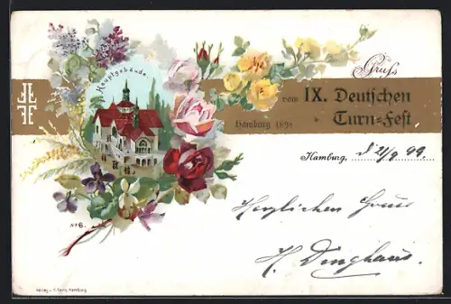Lithographie Hamburg, IX. Deutsches Turnfest 1898, Hauptgebäude, Rosen