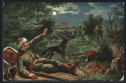 Künstler-AK Sanitätshund findet den verwundeten Soldaten