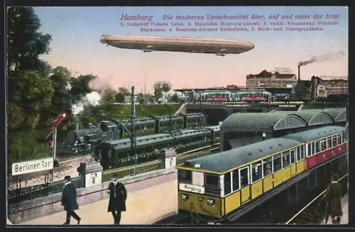 AK Hamburg, Moderne Verkehrsmittel, Zeppelin, Eisenbahn, Zentralbahn, Hochbahn