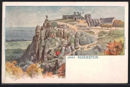 Künstler-AK Schwenke Ser. 3 Nr. 2: Blankenburg /Harz, Regenstein, Berg mit Gesicht / Berggesichter