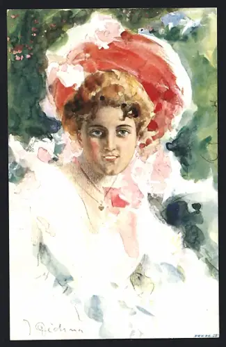Künstler-AK sign. J. Dedina: Dame mit rotem Hut und blondem Haar