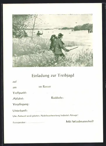 AK Einladung zur Treibjagd, Jäger trieben das Wild ins Freie