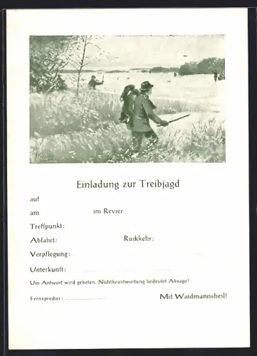 AK Einladung zur Treibjagd, Jäger trieben das Wild ins Freie