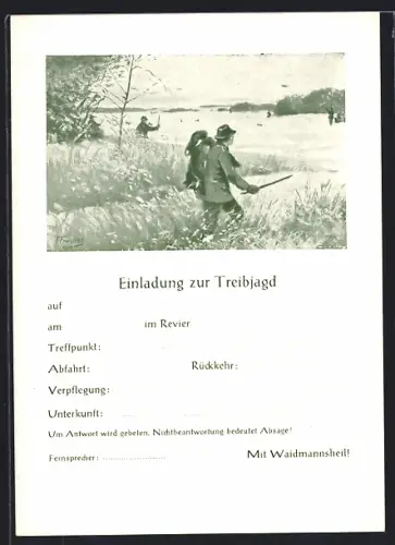AK Einladung zur Treibjagd, Jäger trieben das Wild ins Freie