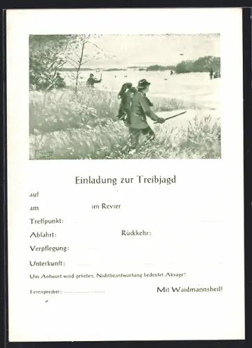 AK Einladung zur Treibjagd, Jäger trieben das Wild ins Freie