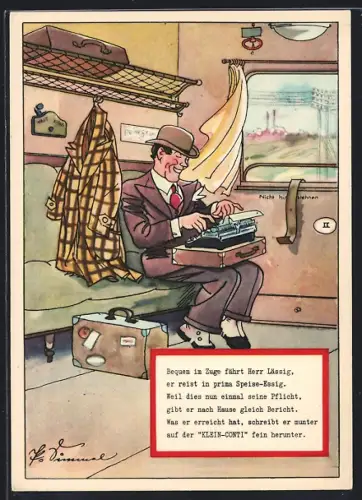 Künstler-AK Reklame für Schreibmaschine Klein-Continental der Wanderer-Werke Schönau, Arbeit im Zug an der Maschine