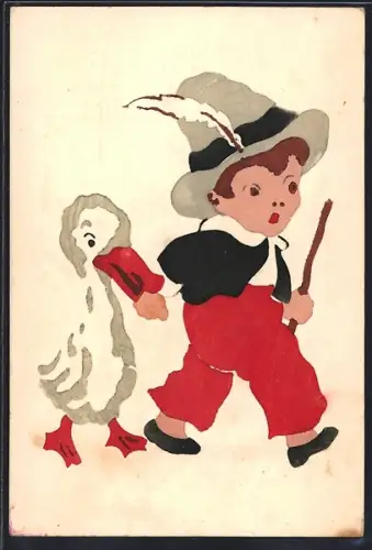 Künstler-AK Handgemalt: Bub mit Entlein