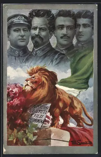 Künstler-AK italienische Irredentisten Sauro, Battisti, Filzi, Rismondo