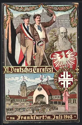 AK Frankfurt, 11. Dt. Turnfest 1908, Festhalle, Sportler m. Degen, Turnvater Jahn, DTB-Abzeichen