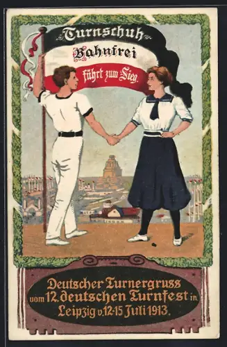 Künstler-AK Leipzig, 12. deutsches Turnfest 1913, Turnschuh Bahnfrei