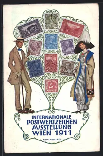 Künstler-AK H. Kalmsteiner: Wien, Internationale Postwertzeichen-Ausstellung 1911, Paar mit Briefmarken